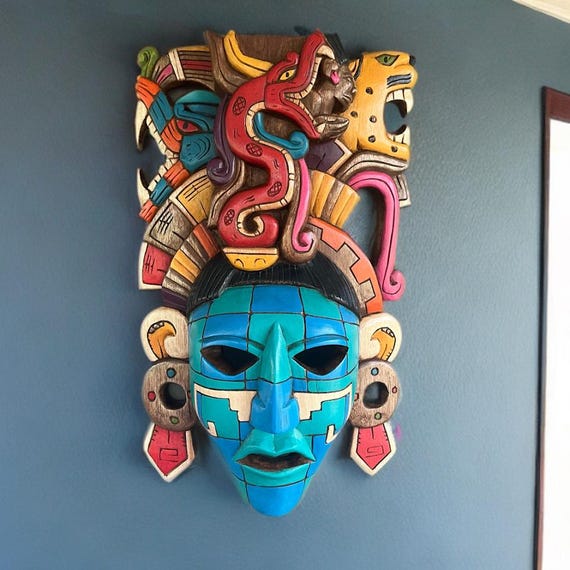 Handmade Cedar Mayan Mask with Vision Serpent - Mexican Art