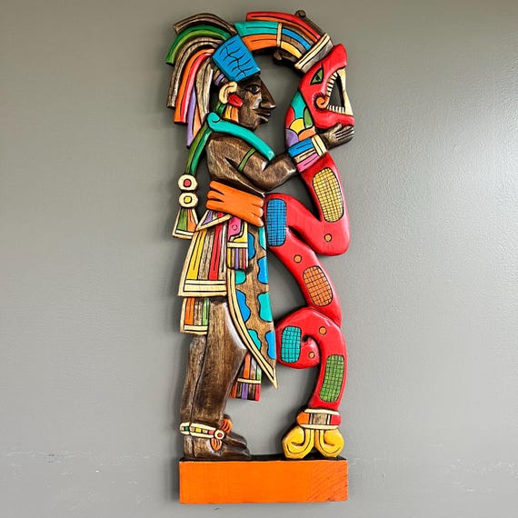 Handcrafted Mayan Cedar Wood Wall Art: Chambalu with Serpent