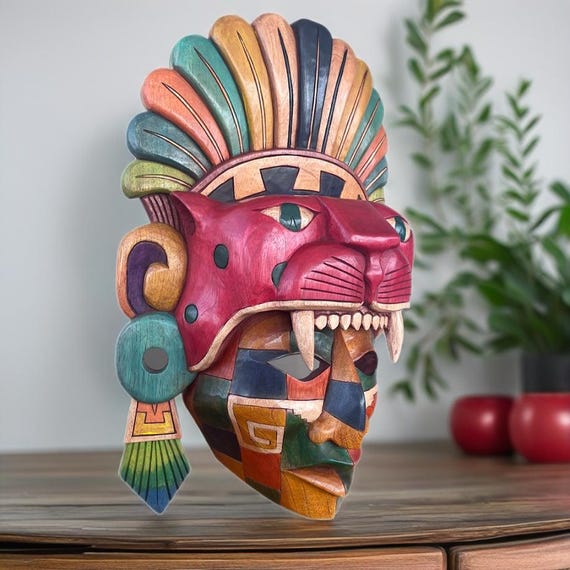 Cedar Jaguar Mayan Warrior mask: handcrafted Mexican folk art