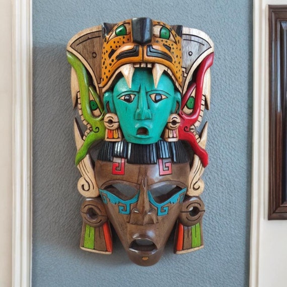 Hand Carved Cedar Wood Mayan Mask: Mexican Wall Art (16x10.63 Inches)