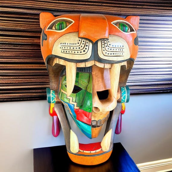 Handcrafted Cedar Wood Jaguar Mask: Mayan Aztec Wall Art