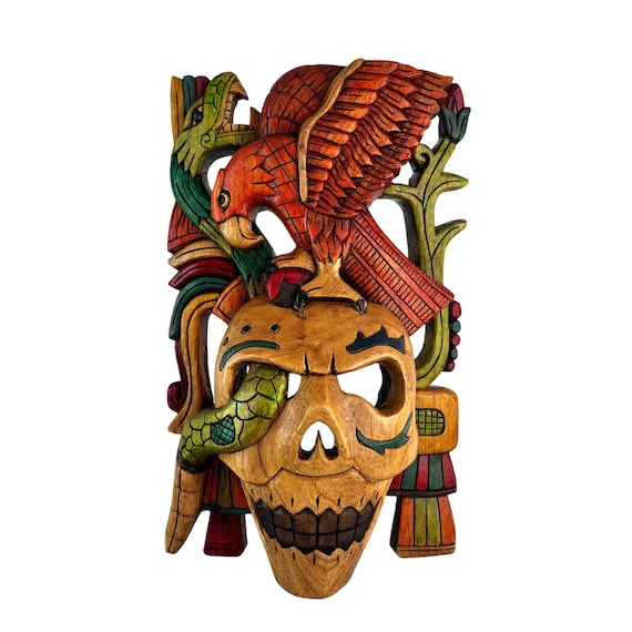 Wood Carved Aztec Eagle Skull Mask: Mayan Art