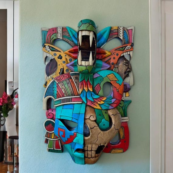 Handcrafted Cedar Mayan Mask: Serpent & Skull, Mexican Art