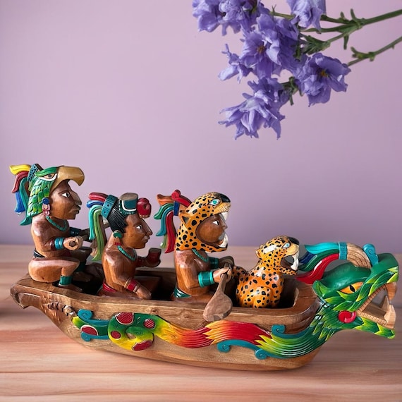 Travesía Sagrada Maya Cedar Canoe: Mayan Ritual, Mexican Art, Hand carved home decor