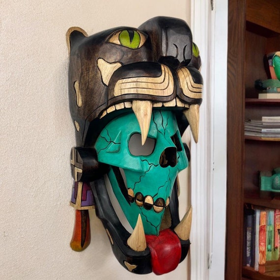 3D Mayan Jaguar Mask: Handcrafted Cedar Wood Aztec Wall Art
