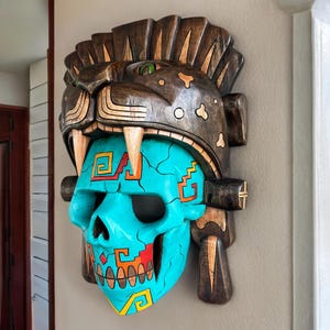 Skull Jaguar warrior Mayan Mask, 3D woods carving, Mexican Art, Mayan and Aztec Culture