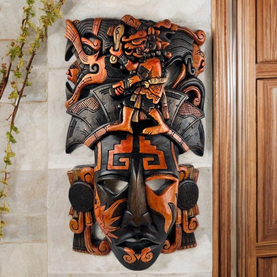 Handcrafted Cedar Wood Mayan Mask: Aztec Calendar Wall Art