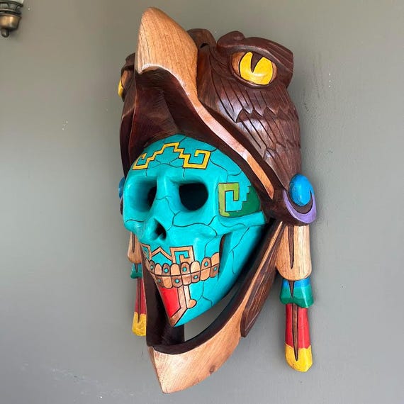 Hand Carved Cedar Wood Mayan Mask: Mexican Wall Art
