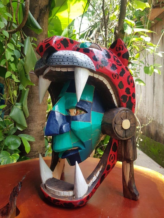 Pakal Cedar Mask: Aztec Jaguar Warrior, Mayan Handcrafted Décor