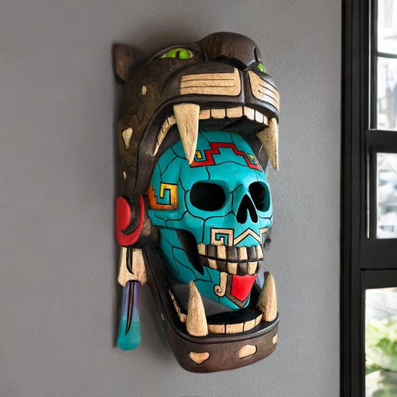Cracked Skull Jaguar Warrior Mask: Handcrafted Cedar Wood Mayan Art