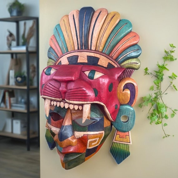 Cedar Jaguar Mayan Warrior mask: handcrafted Mexican folk art