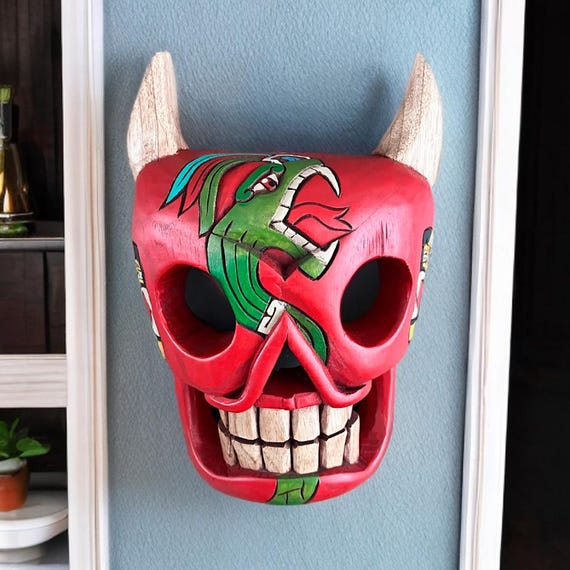 Skull Wooden Mask for decoration, skull tattoo with serpent and tiger.