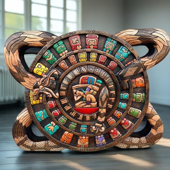 Maya Calendar, Wood Handmade, Maya and Aztec culture, Mexican Art