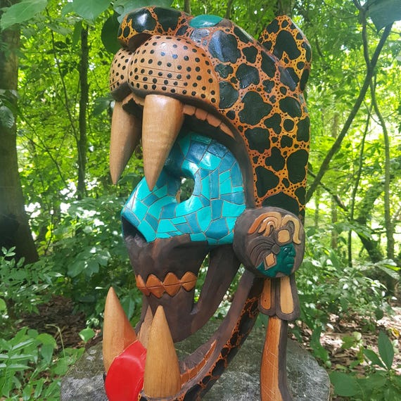 Handcrafted Cedar Jaguar Mask: Mayan Aztec Wall Art