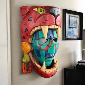 Man Jaguar, Mayan Mask, Handmade, 3D sculptures, Mexican Art, Aztec Culture