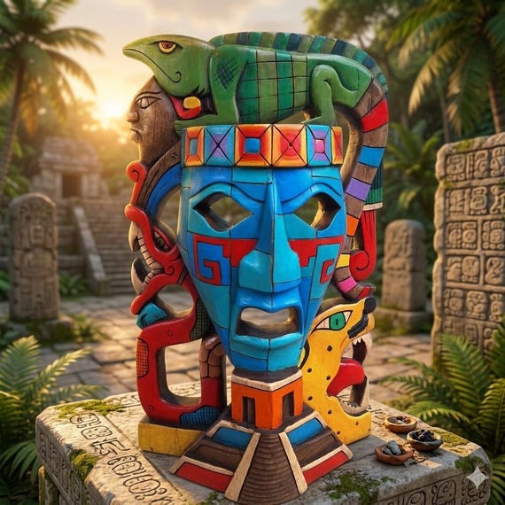 Mesoamerican iconography carved wooden sculpture