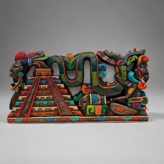 Chichen Itza Wood Carving: Mayan Spring Equinox 3D Sculpture