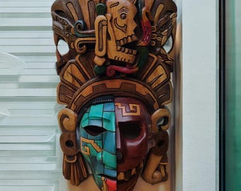 Masque en bois, Culture aztèque, Culture maya, Art mexicain, Calendrier maya, Calendrier aztèque, Artisanat du bois, Fait main.