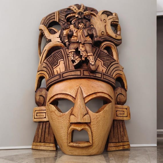 Handmade Cedar Aztec Mask: Mayan Art, 3D Carving