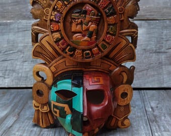 Handcrafted Mayan Cedar Wood Mask: Mexican Wall Art (17.72x11.80 Inches)