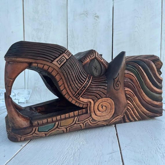 Quetzalcóatl head wood carved, Aztec and Mayan Cultures, Mexican Art, hand carved