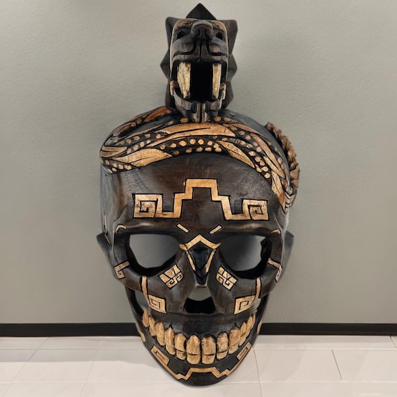 Handcrafted Cedar Wood Skull Mask: Mayan Wall Art (16x9 Inches)
