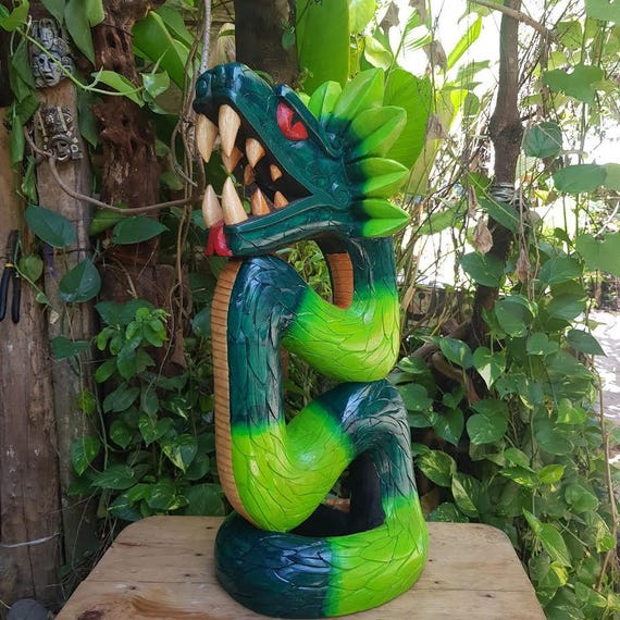 Handcrafted Cedar Quetzalcoatl Sculpture: Mayan Home Decor