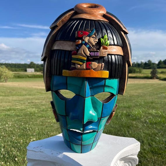 Maya wooden mask. Mexican Art, Mayan and Aztec Art, 3D wood carvings, handcrafted