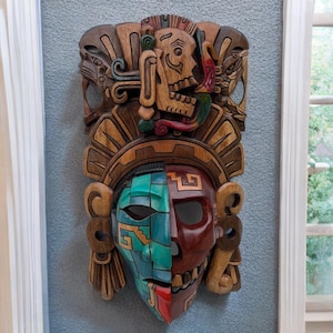 Handcrafted Cedar Mayan Mask: Inframundo Carrier, Mexican Art