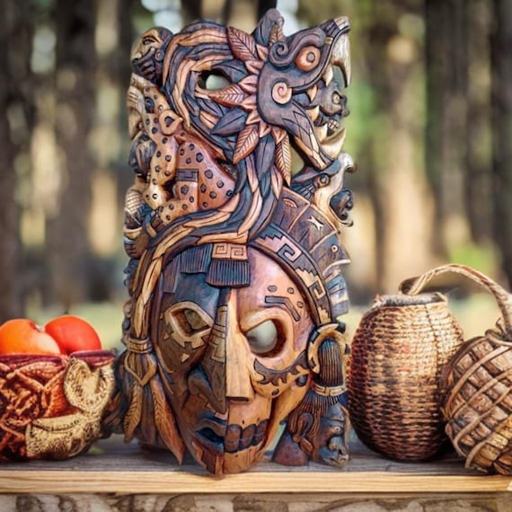 Handcrafted Cedar Wood Aztec Mayan Mask - Mexican Wall Art