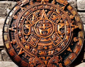 Puede incluir: Una talla circular de madera del calendario azteca, también conocido como la Piedra del Sol. La talla está detallada con diseños y figuras intrincadas, incluyendo una cara central de dios sol.