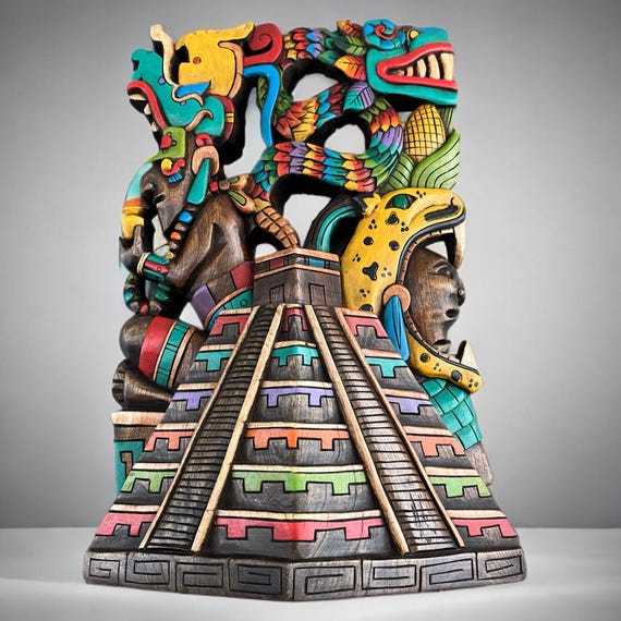 Handcrafted Cedar Maya Temple Statue: Mexican Culture Art