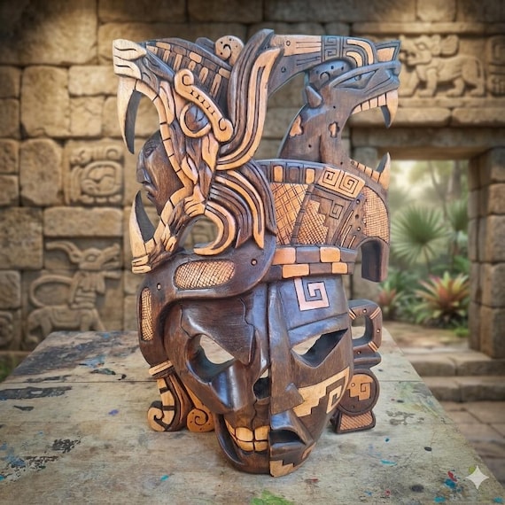 Intricately carved wooden Mayan Mask