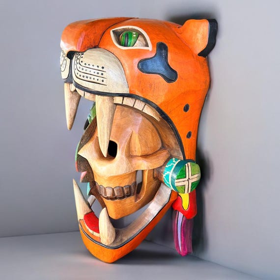 Handcrafted Cedar Wood Jaguar Mask: Mayan Aztec Wall Art