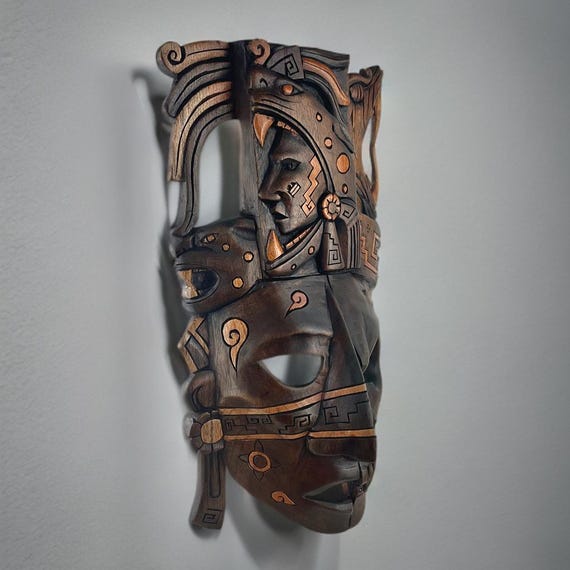 Handcrafted Cedar Wood Mayan Mask: Mexican Wall Art (16x9 Inches)