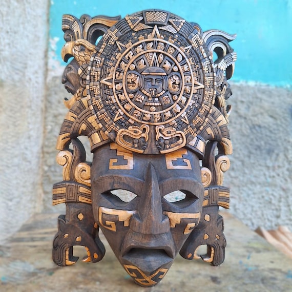 Aztec Time Carrier Cedar Mask: Mayan and Aztec Culture, Pre-Hispanic Art, handcrafted wall décor
