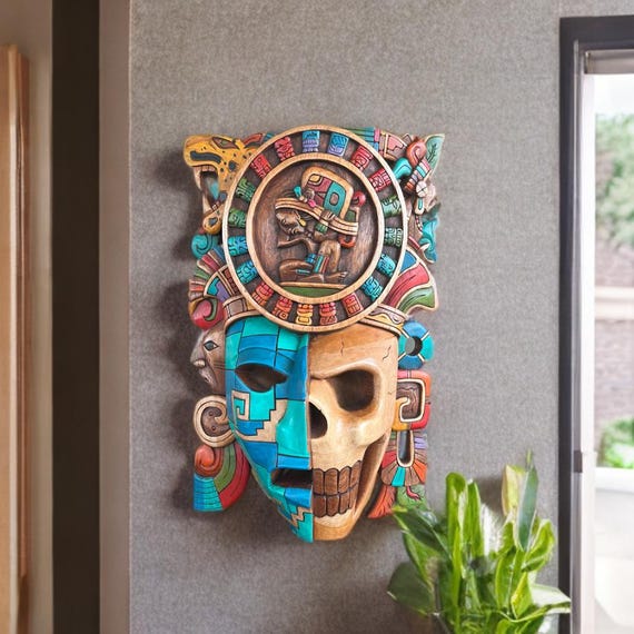 Mayan Mask, Handmade, 3D sculptures, Mexican Art, Aztec Culture.