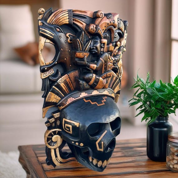 Maiz God Carrier, Mayan Mask, Mexican Art, Aztec and Maya Culture, 3D carving, handcrafted.