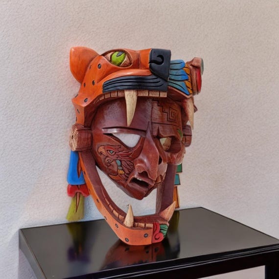 Handcrafted Cedar Wood Mayan Jaguar Warrior Mask - Mexican Wall Art (18x12 Inches)