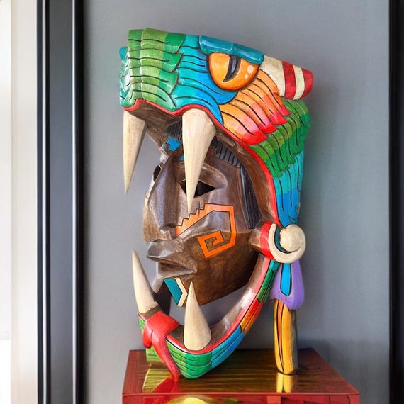 Handcrafted Mayan Cedar Mask: Aztec Calendar, Mexican Wall Art