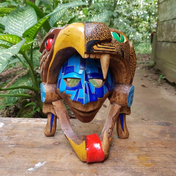 Handcrafted Cedar Eagle Jaguar Mask: Mayan Aztec Wall Art