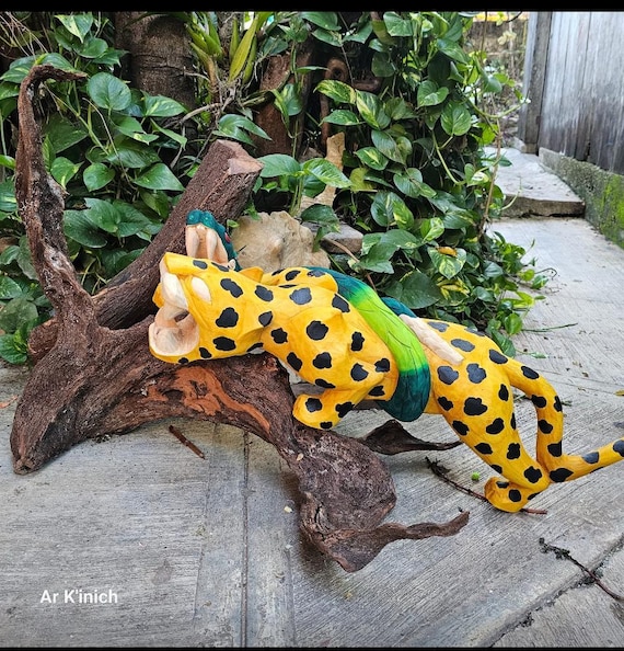 Jaguar Statue made of cedar wood, Mayan wood carving