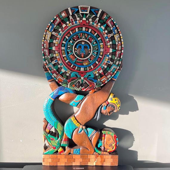 Aztec time carrier, cedar wood, Mexican Art, Aztec calendar