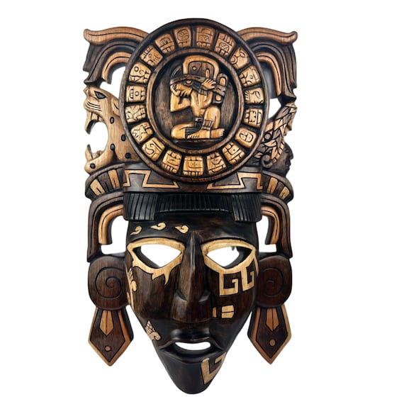 Hand Carved Cedar Wood Mayan Mask: Mexican Wall Art