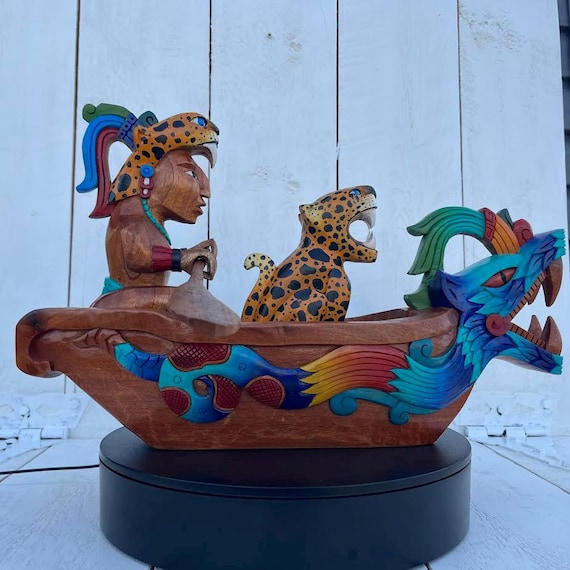 Travesía Sagrada Maya Cedar Canoe: Mayan Ritual, Mexican Art, Hand carved home decor