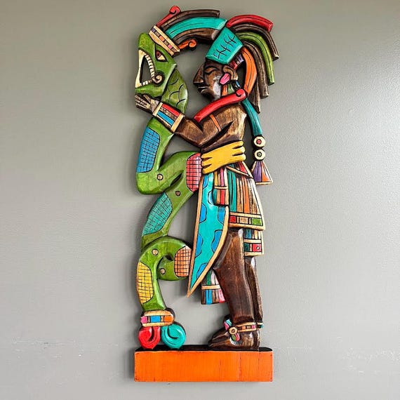 Handmade Cedar Wood Mayan Wall Art: Aztec Chambalu Mask