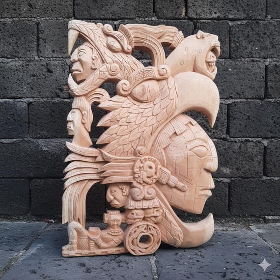 Cedar Carved Mayan Sculpture, Mesoamerican Aztec Art, Handcrafted