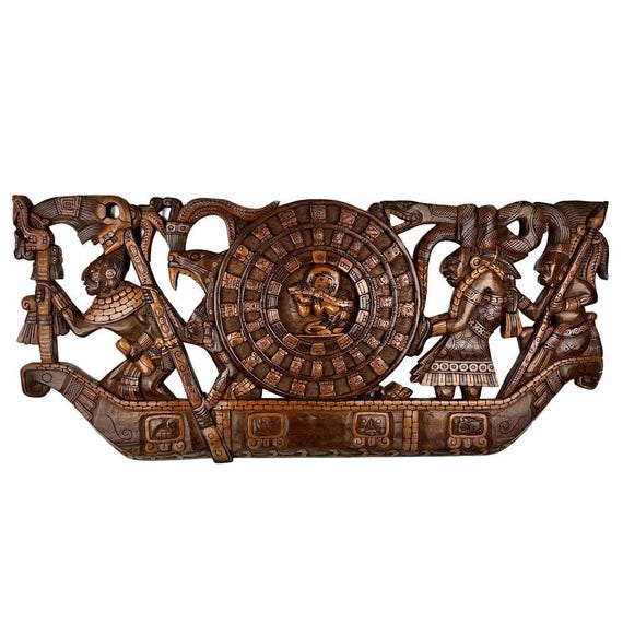 Mayan Sacred Journey Cedar Wood Wall Art: Handcrafted Mexican Carving