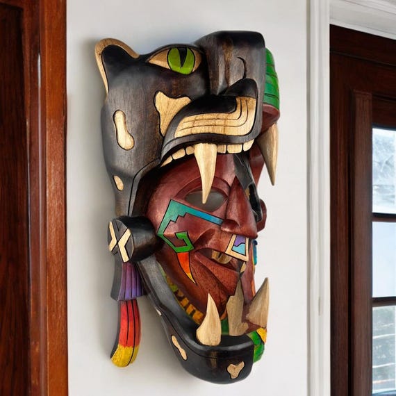 Handcrafted Mayan Jaguar Serpent Mask: Cedar Wood Wall Decor