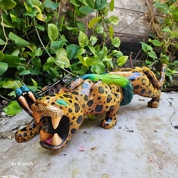 Jaguar Statue made of cedar wood, Mayan wood carving